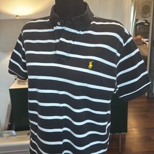 Polo Ralph Lauren Polo Shirt Black White Stripe Yellow Pony Size M  (C01)